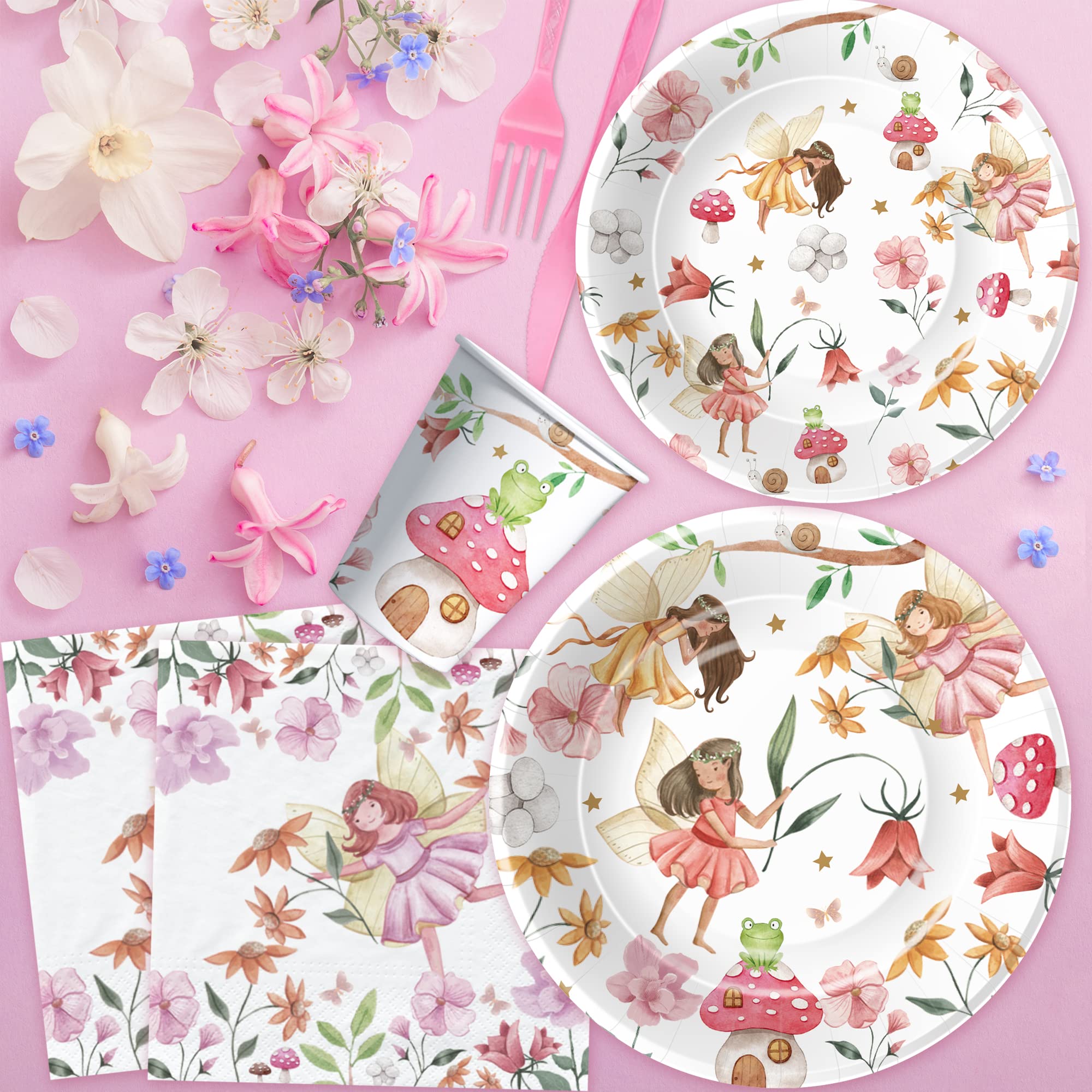 Xigejob Fairy Party Decorations Tableware - Fairy Birthday Party Supplies, Plate, Cup, Napkin, Tablecloth, Cutlery, Flower Fairies Enchanted Forest Garden Birthday & Baby Shower Decorations | Serve 24