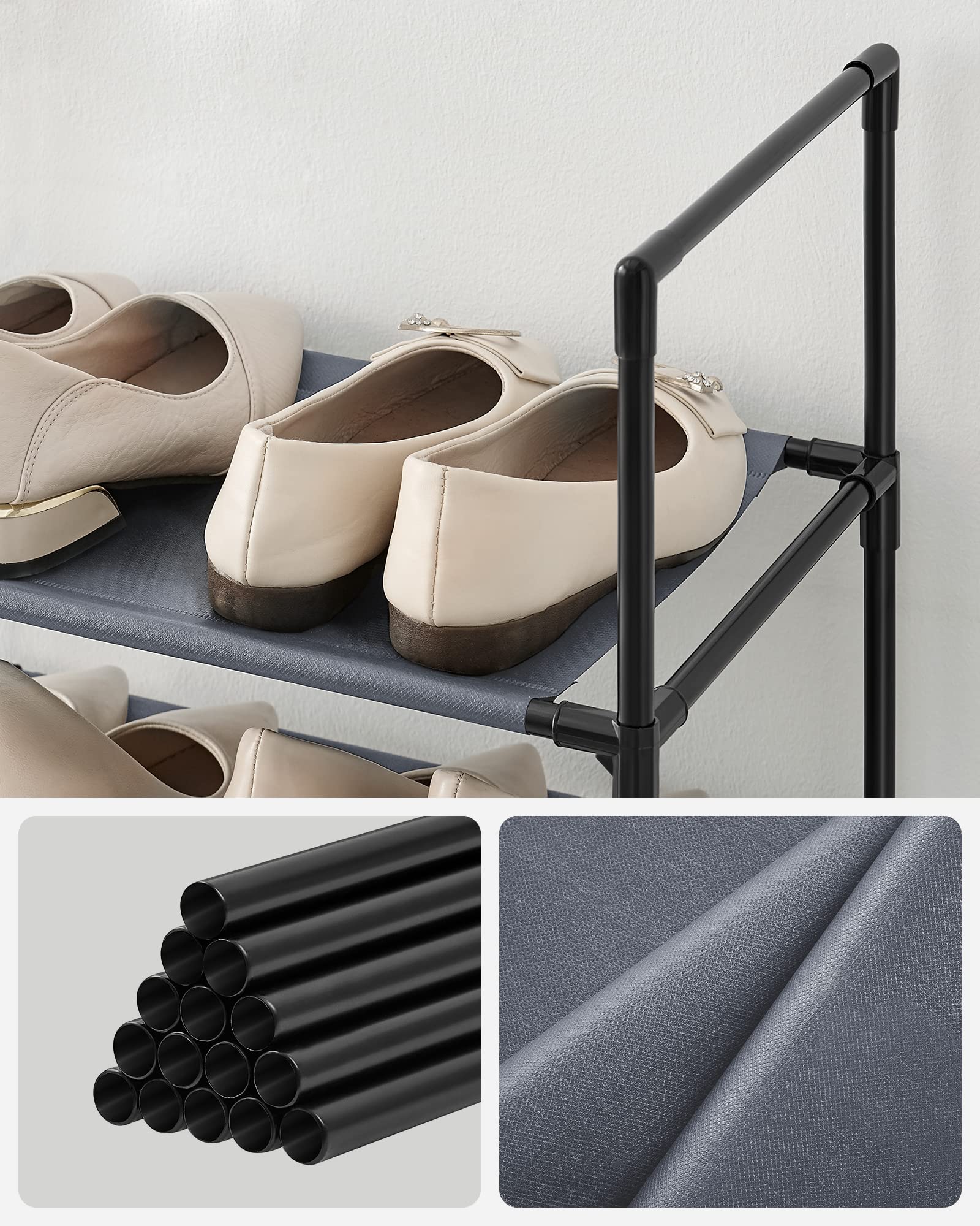 SONGMICS Shoe Rack, 10 Tier Shoe Shelf, Shoe Storage Organizer, Space-Saving, 13 x 13 x 68.1 Inches, Metal Frame, Non-Woven Fabric Shelves, for Entryway, Bedroom, Grey ULSR110G01