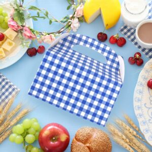 Blue and White Gingham Treat Boxes 24 Pieces Candy Gable Boxes Goodies Boxes Cardboard Present Boxes with Handles for Birthday Party Family Dinner Picnic Barbecue Father's Day Party