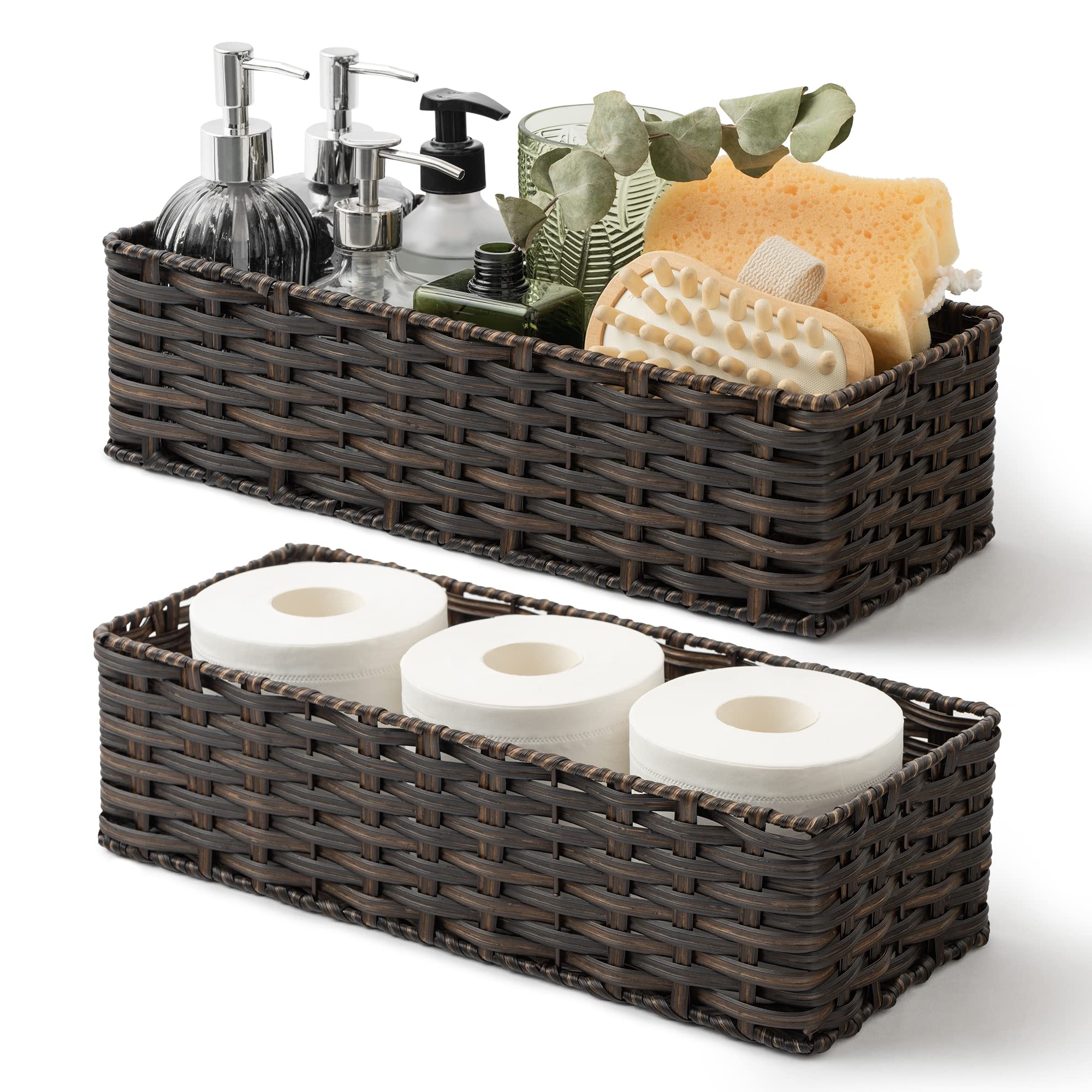 GRANNY SAYS Wicker Baskets for Storage, Storage Baskets for Organizing, Waterproof Toilet Tank Basket, Toilet Paper Basket for Back of Toilet, 15¾" x 6½" x 4¼", 2-Pack