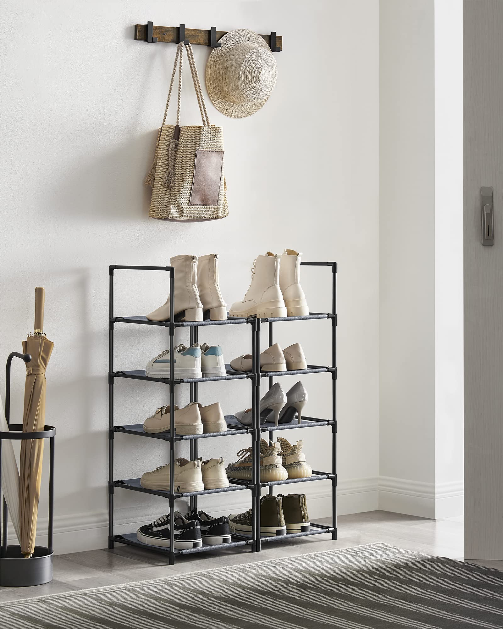 SONGMICS Shoe Rack, 10 Tier Shoe Shelf, Shoe Storage Organizer, Space-Saving, 13 x 13 x 68.1 Inches, Metal Frame, Non-Woven Fabric Shelves, for Entryway, Bedroom, Grey ULSR110G01