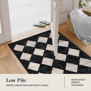 Lahome Moroccan Trellis Area Rug - 2x3 Printed Small Black Checkered Entryway Rug Non Slip Kitchen Mat, Stain Resistance Indoor Modern Floor Soft Throw Carpet for Front Door Bathroom Sink Bedroom