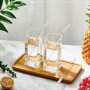 6 Pieces Square Drinking Glasses 13 oz Square Glass Cups Modern Highball Glasses Thin Cute Cocktail Glasses Glassware with Straws and Straw Brushes for Coffee Water Juice Beer Mixed Drink Tumbler