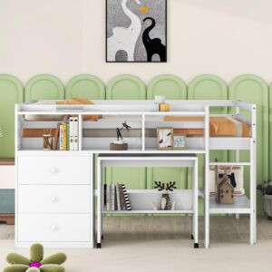 Bellemave Low Full Loft Bed with Desk and Storage Drawers Wood Kids Loft Beds Frame with Storage Shelves & Rolling Portable Desk for Juniors, Teen, Boys, Girls, Full Size, White