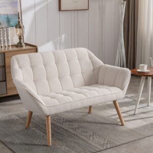 quinjay 48'' small loveseat sofa, modern sherpa mini sofa couch 2-seater fluffy love seat with quilting backs and wood legs for living room, bedroom and small space, white, white; fluffy