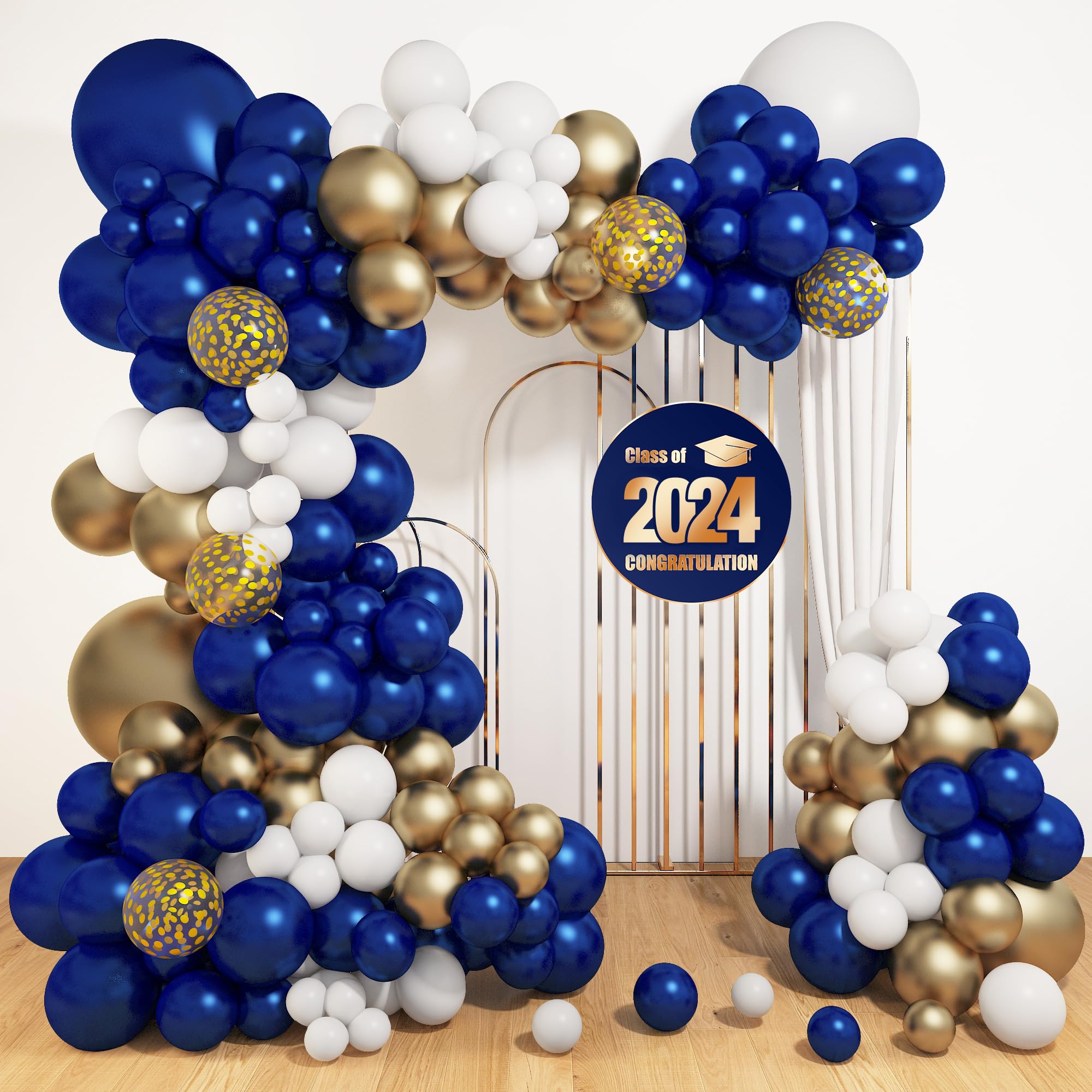 145Pcs Royal Blue and Gold Balloons, Graduation Decorations Class of 2024 Navy Blue Balloon Garland Kit Gold White Confetti Foil Crown for College Baby Shower Birthday Gender Reveal Wedding Party