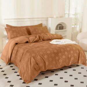 JELLYMONI Rust Duvet Cover Full Size - 3 PCS Microfiber Tufted Duvet Cover Set, Boho Textured Duvet Cover Jacquard Rhombus Geometric Pattern Duvet Cover with Corner Ties & Zipper Closure