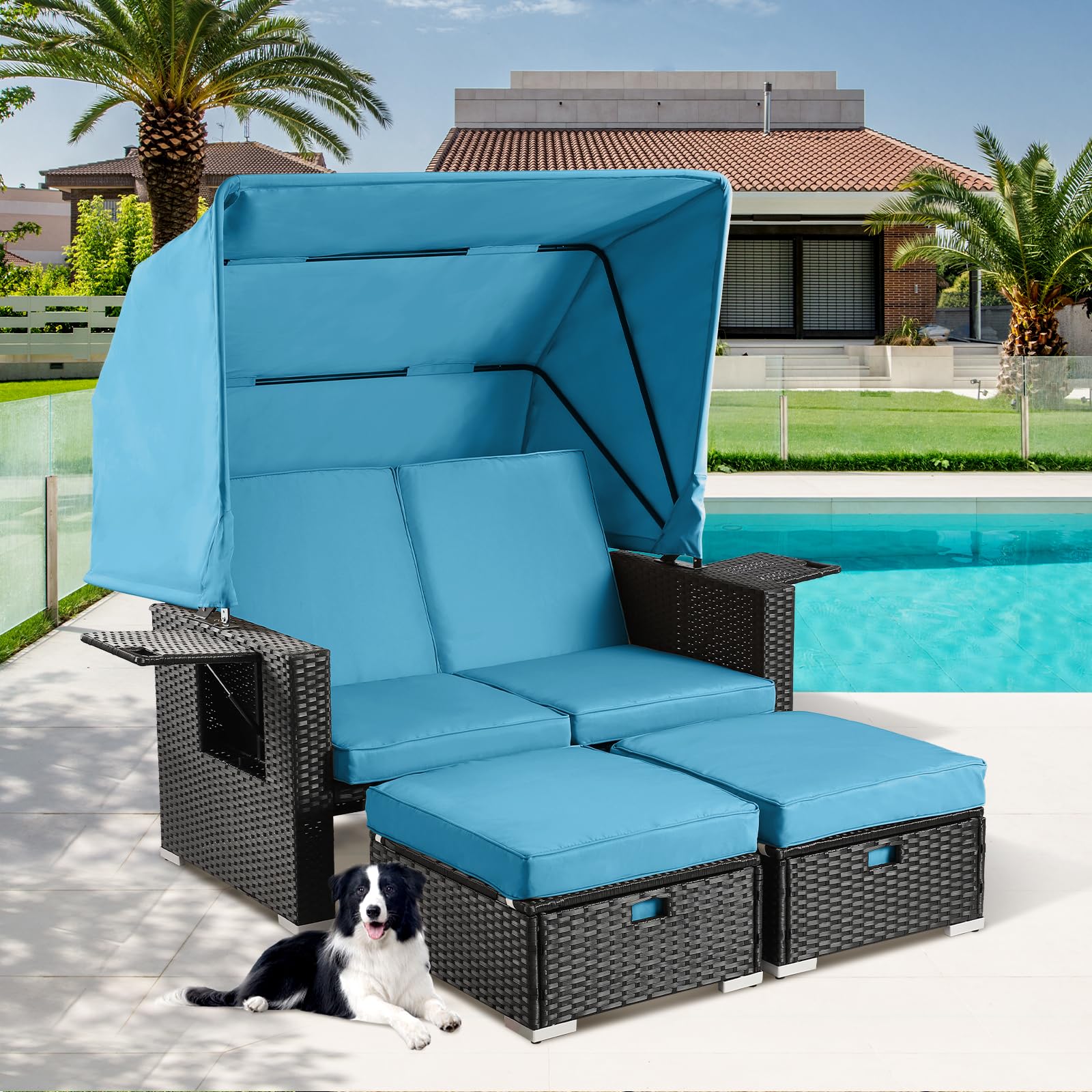 LEISU Outdoor Patio Furniture Sunbed with Retractable Canopy, PE Wicker Rattan Rectangle Sectional Sofa Set Clamshell Sectional Seating with Washable Cushions for Lawn Garden Backyard Poolside (Blue)