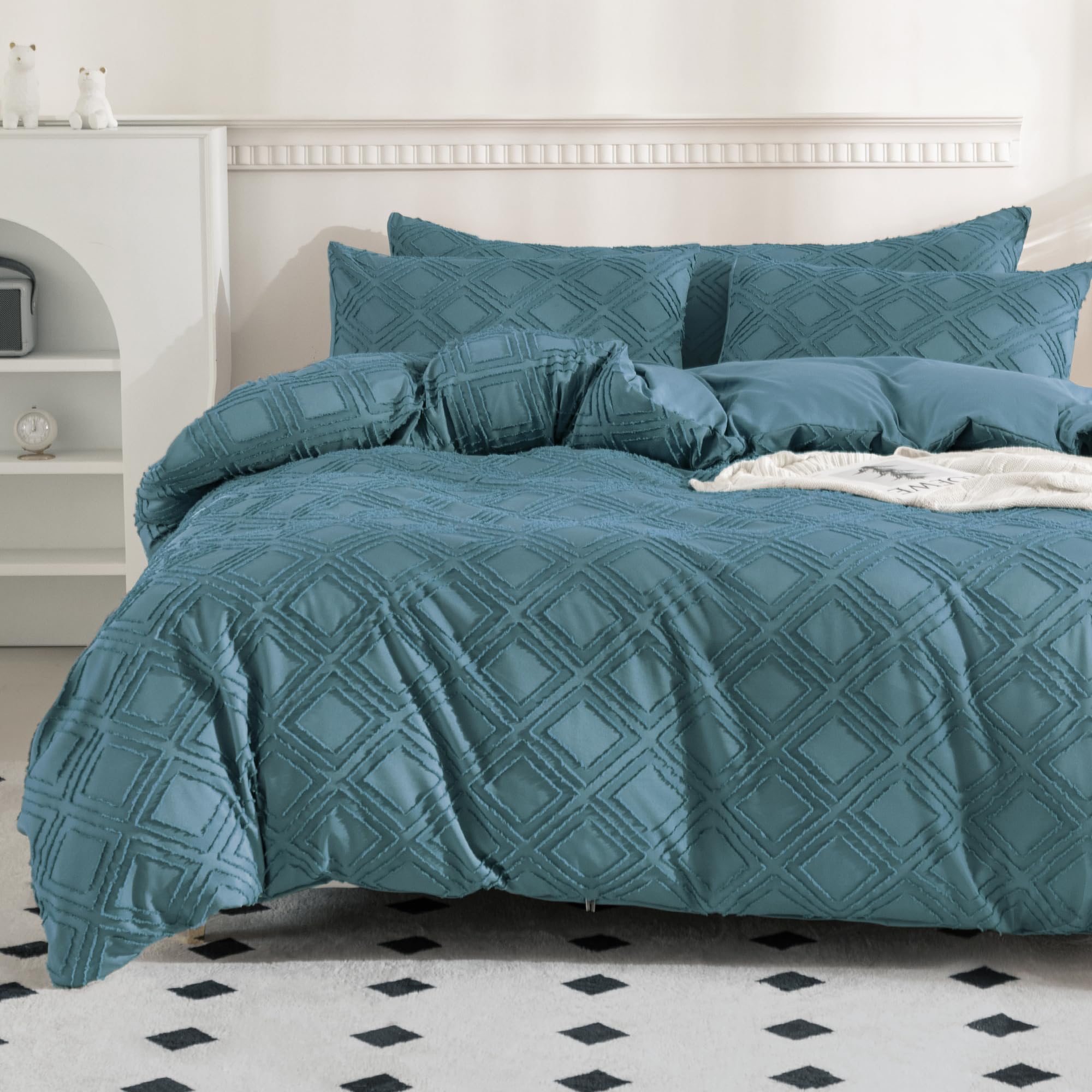 JELLYMONI Grayish Blue Duvet Cover Full Size - 3 PCS Microfiber Tufted Duvet Cover Set, Boho Textured Duvet Cover Jacquard Rhombus Geometric Pattern Duvet Cover with Corner Ties & Zipper Closure