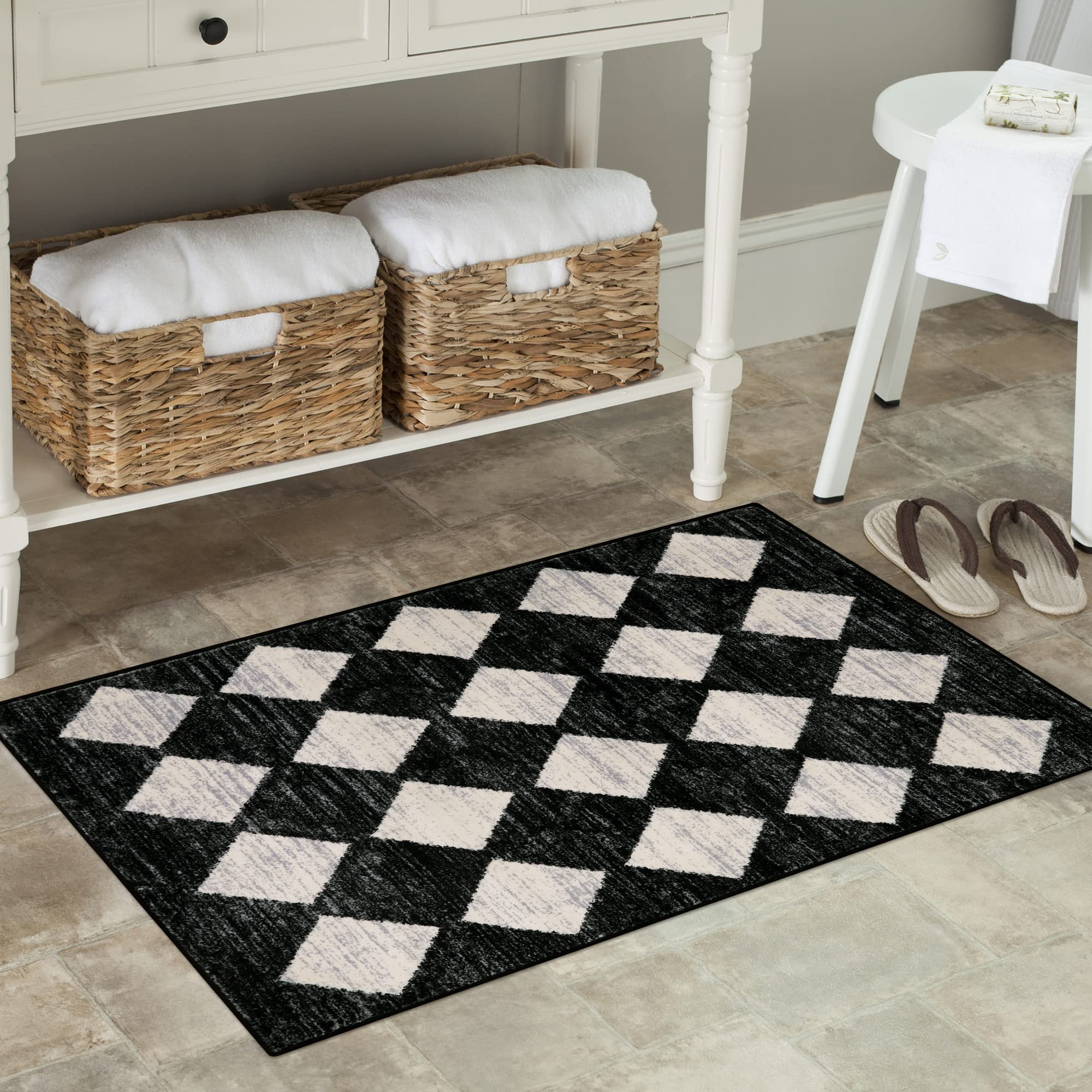 Lahome Moroccan Trellis Area Rug - 2x3 Printed Small Black Checkered Entryway Rug Non Slip Kitchen Mat, Stain Resistance Indoor Modern Floor Soft Throw Carpet for Front Door Bathroom Sink Bedroom