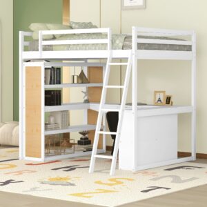 bellemave full loft bed with desk and 6 storage shelves, wood loft beds frame with bookcase and writing board, modern high loft bed for kids boys girls teens, full size, white, white with shelves