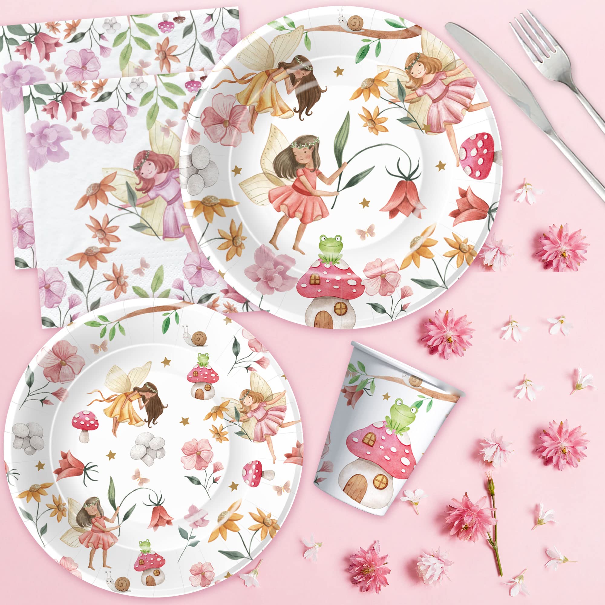 Xigejob Fairy Birthday Party Supplies - Fairy Party Decorations Dinnerware For Birthday & Baby Shower, Plate, Cup, Napkin, Flower Fairies Enchanted Forest Garden Theme Party Supplies | Serve 24