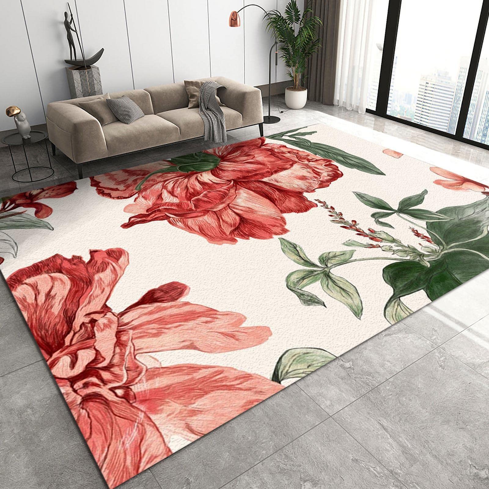 Red Roses Green Leaves Home Area Rug, Watercolor Floral Texture Artistic Indoor Non-Slip Kids Rug, Machine Washable Breathable Durable Carpet Mat for Living Room Bedroom Study 6x9ft