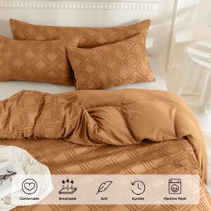 JELLYMONI Rust Duvet Cover Full Size - 3 PCS Microfiber Tufted Duvet Cover Set, Boho Textured Duvet Cover Jacquard Rhombus Geometric Pattern Duvet Cover with Corner Ties & Zipper Closure