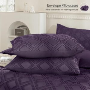 JELLYMONI Purple Duvet Cover Full Size - 3 PCS Microfiber Tufted Duvet Cover Set, Boho Textured Duvet Cover Jacquard Rhombus Geometric Pattern Duvet Cover with Corner Ties & Zipper Closure