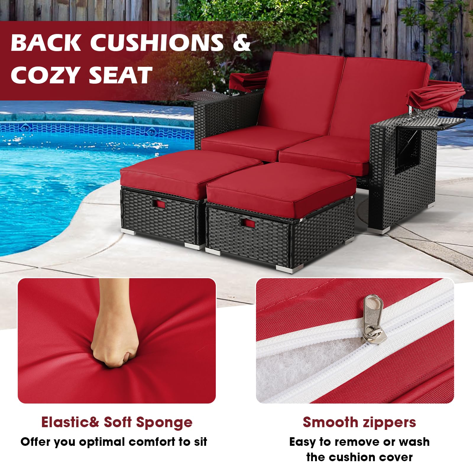 LEISU Outdoor Patio Furniture Sunbed with Retractable Canopy, PE Wicker Rattan Rectangle Sectional Sofa Set Clamshell Sectional Seating with Washable Cushions for Lawn Garden Poolside Backyard (Red)