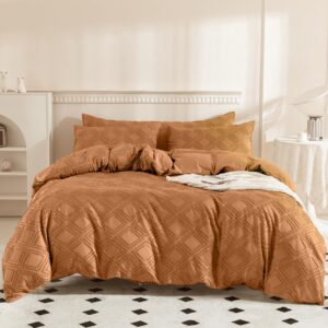 JELLYMONI Rust Duvet Cover Full Size - 3 PCS Microfiber Tufted Duvet Cover Set, Boho Textured Duvet Cover Jacquard Rhombus Geometric Pattern Duvet Cover with Corner Ties & Zipper Closure