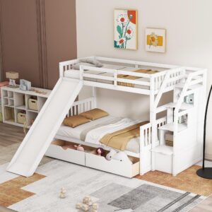 Harper & Bright Designs Bunk Bed with Slide, Twin Over Full Bunk Bed with Stairs,Wood Bunk Bed Twin Over Full Size with Storage Drawers for Kids Teens Girls Boys, No Spring Box Needed, White