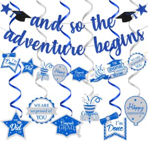 blue and white and so the adventure begins banner blue and white graduation party decorations 2024 blue graduation decorations class of 2024 graduation party decorations 2024 blue