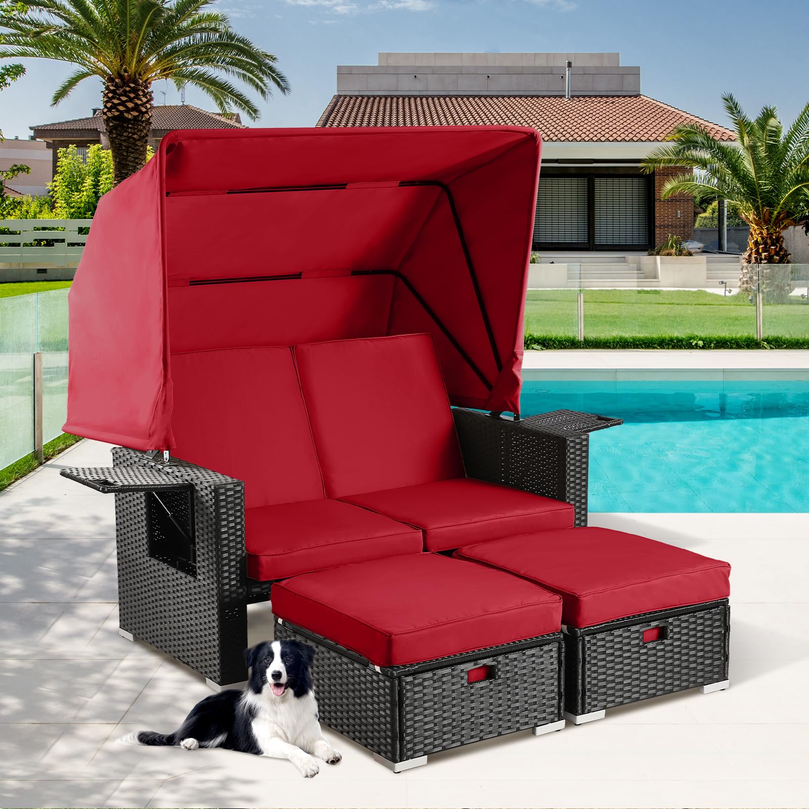 LEISU Outdoor Patio Furniture Sunbed with Retractable Canopy, PE Wicker Rattan Rectangle Sectional Sofa Set Clamshell Sectional Seating with Washable Cushions for Lawn Garden Poolside Backyard (Red)