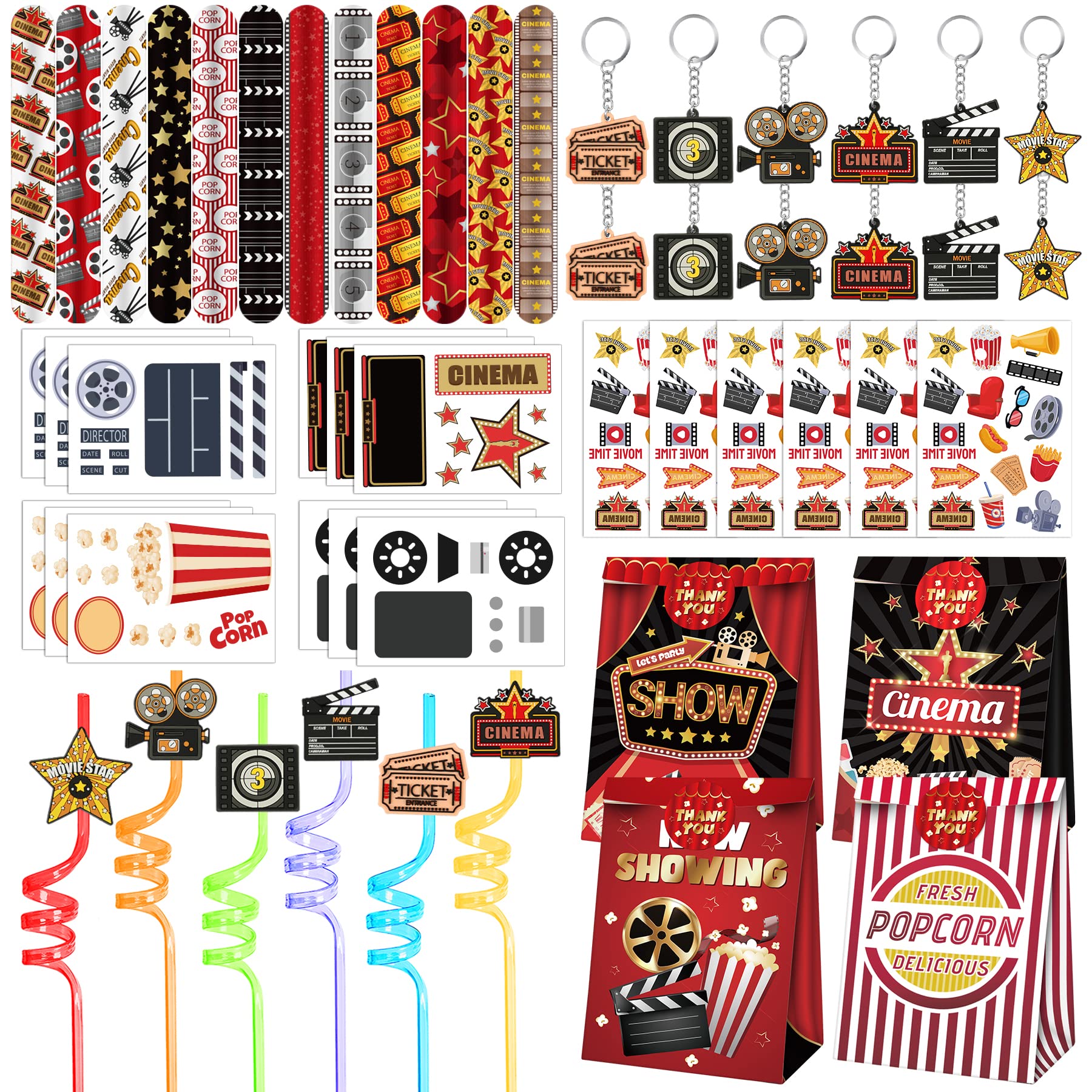 Movie Night Party Favors 72 PCS Movie Theater Slap Bracelets Temporary Tattoos DIY Stickers Keychains Plastic Straws Gift Bags for Kids Movie Night Carzy Birthday Party Gift Baby Shower Goodie Bag Fillers Movie Party Supplies