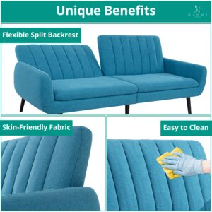 Naomi Home Raven Modern Futon Sofa Bed, Convertible Sofa Futon, Split Back Linen Sleeper Couch for Living Room, Mid Century Modern Couch Bed, Fold Out Couch Bed with Tapered Legs Seafoam Blue