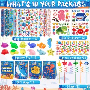 Under the Sea Party Favors 72 PCS Ocean Sea Animals Theme Slap Bracelets Squishy Toys DIY Stickers Temporary Tattoos Plastic Straws Gift Bags for Kids Birthday Party Baby Shower Goodie Bag Fillers