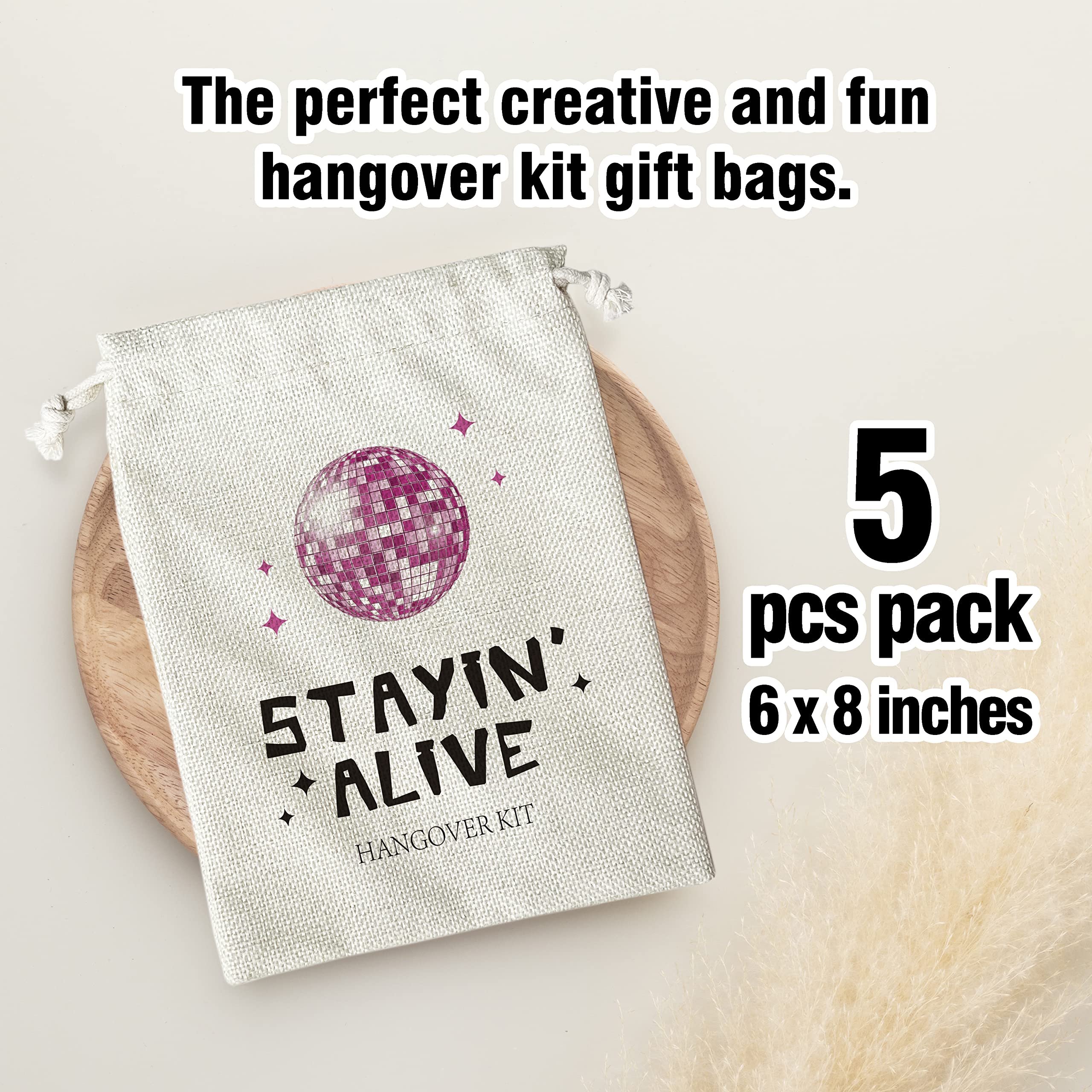 Hangover Kit Bags, Stayin' Alive With Drawstring Gift Bag, for Bridal Shower, Wedding, Travel, Bachelorette Party Survival Recovery Kit Bag, Decorations, Supplies (6"X 8") 5 Pcs -kit022