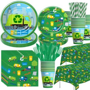 xigejob garbage truck birthday party supplies - trash party decorations tableware for birthday baby shower, plate, cup, napkin, tablecloth, cutlery, straw, waste recycling party decorations | serve 24