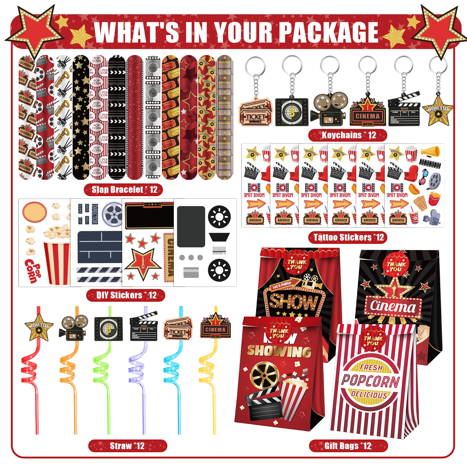 Movie Night Party Favors 72 PCS Movie Theater Slap Bracelets Temporary Tattoos DIY Stickers Keychains Plastic Straws Gift Bags for Kids Movie Night Carzy Birthday Party Gift Baby Shower Goodie Bag Fillers Movie Party Supplies