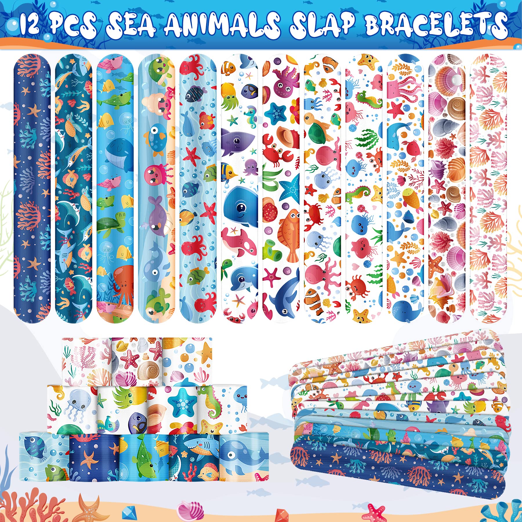 Under the Sea Party Favors 72 PCS Ocean Sea Animals Theme Slap Bracelets Squishy Toys DIY Stickers Temporary Tattoos Plastic Straws Gift Bags for Kids Birthday Party Baby Shower Goodie Bag Fillers