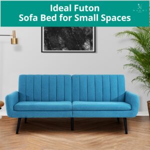 Naomi Home Raven Modern Futon Sofa Bed, Convertible Sofa Futon, Split Back Linen Sleeper Couch for Living Room, Mid Century Modern Couch Bed, Fold Out Couch Bed with Tapered Legs Seafoam Blue