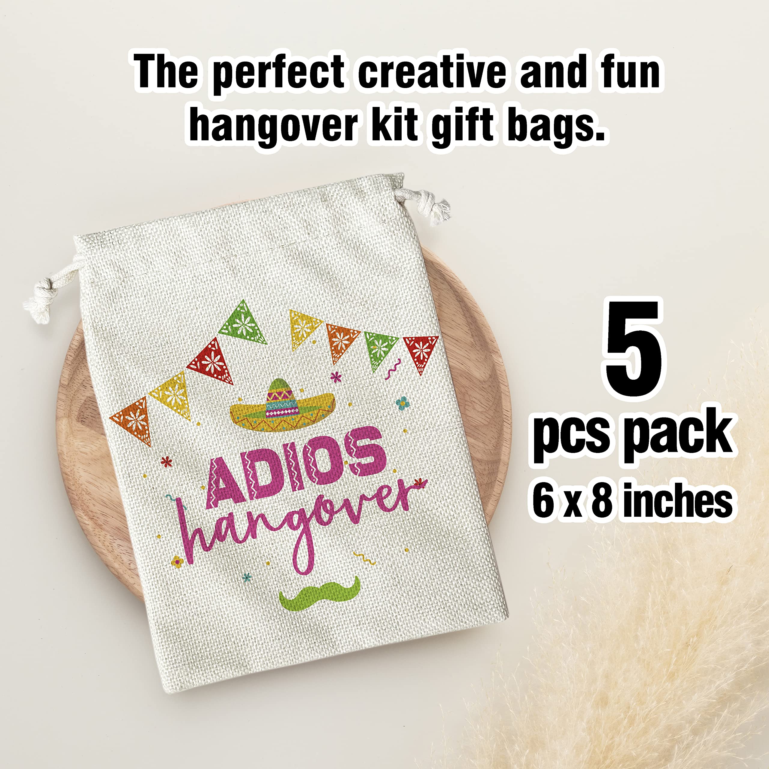 Hangover Kit Bags, Adios Hangovers With Drawstring Gift Bag, for Bridal Shower, Wedding, Travel, Bachelorette Party Survival Recovery Kit Bag, Decorations, Supplies (6"X 8") 5 Pcs -kit057