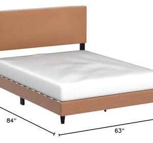 Edenbrook Platform Bed with Headboard – No Box Spring Needed – Faux Leather Upholstered Platform Bed Frame – Low Profile, Queen, Camel