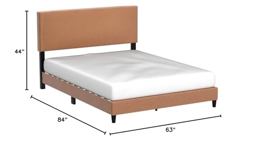 Edenbrook Platform Bed with Headboard – No Box Spring Needed – Faux Leather Upholstered Platform Bed Frame – Low Profile, Queen, Camel