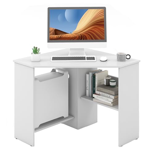 IFANNY Corner Computer Desk, 90 Degrees Triangle Desk w/Shelves & CPU Stand, Compact Corner Vanity Makeup Desk with Storage, Corner Desks for Small Spaces (White)