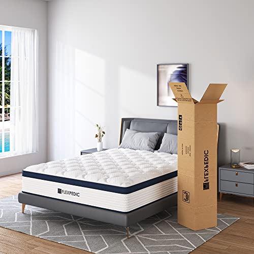 FLEXPEDIC Deep Sleep 8 Inch Mattress Full Size in a Box, Cloud Euro Top Soft Hybrid Mattress, Memory Foam Pocket Innerspring Mattresses, CertiPUR-US Certified