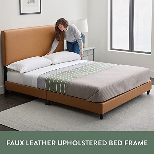 Edenbrook Platform Bed with Headboard – No Box Spring Needed – Faux Leather Upholstered Platform Bed Frame – Low Profile, Queen, Camel