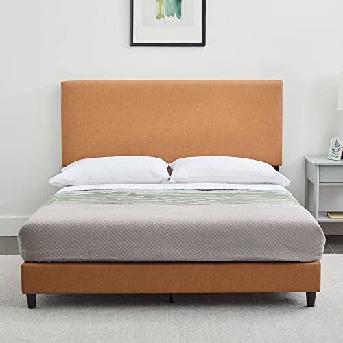 Edenbrook Platform Bed with Headboard – No Box Spring Needed – Faux Leather Upholstered Platform Bed Frame – Low Profile, Queen, Camel