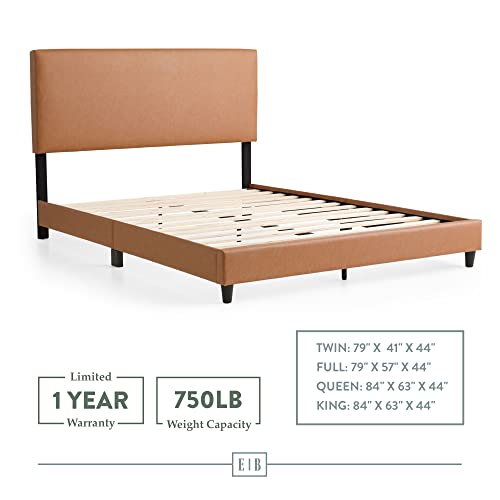 Edenbrook Platform Bed with Headboard – No Box Spring Needed – Faux Leather Upholstered Platform Bed Frame – Low Profile, Queen, Camel