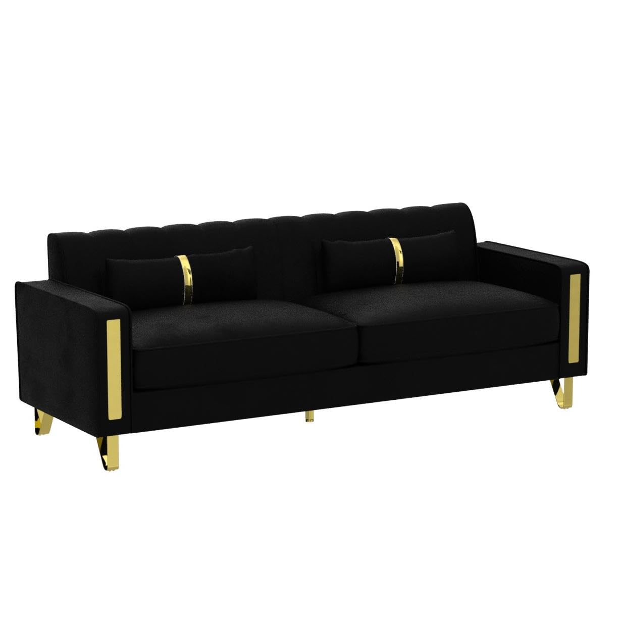 ANTTYBALE Couch 85.62" 3 Seats Sectional Velvet Fabric Sofa Easy Assemble Sofa Bed with 2 Couch Pillows,Gold Metal Legs for Living Room (P17, Black)