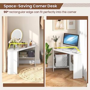 IFANNY Corner Computer Desk, 90 Degrees Triangle Desk w/Shelves & CPU Stand, Compact Corner Vanity Makeup Desk with Storage, Corner Desks for Small Spaces (White)