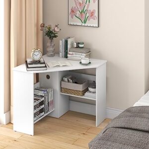 IFANNY Corner Computer Desk, 90 Degrees Triangle Desk w/Shelves & CPU Stand, Compact Corner Vanity Makeup Desk with Storage, Corner Desks for Small Spaces (White)