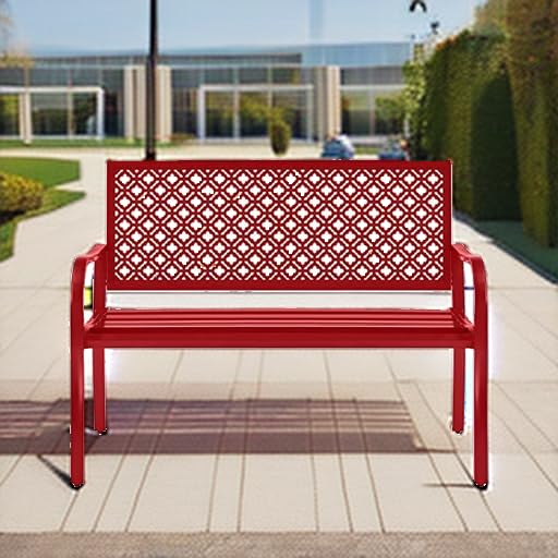 Best Choice Products Outdoor Bench 2-Person Metal Steel Benches Furniture for Garden, Patio, Porch, Entryway w/Geometric Backrest, 790lb Capacity - Rose Red