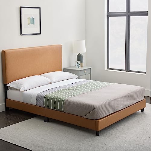 Edenbrook Platform Bed with Headboard – No Box Spring Needed – Faux Leather Upholstered Platform Bed Frame – Low Profile, Queen, Camel