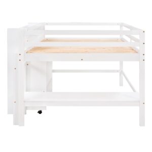 Bellemave Full Size Loft Bed with Rolling Portable Desk Solid Wood Loft Beds with Storage Shelves & Drawers, Low Loft Bed for Kids, Boys and Girls, Teens, No Box Spring Needed (White)