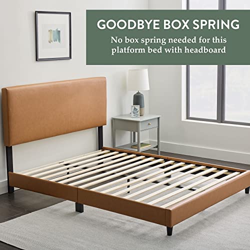 Edenbrook Platform Bed with Headboard – No Box Spring Needed – Faux Leather Upholstered Platform Bed Frame – Low Profile, Queen, Camel