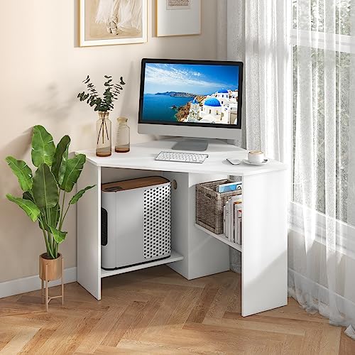 IFANNY Corner Computer Desk, 90 Degrees Triangle Desk w/Shelves & CPU Stand, Compact Corner Vanity Makeup Desk with Storage, Corner Desks for Small Spaces (White)