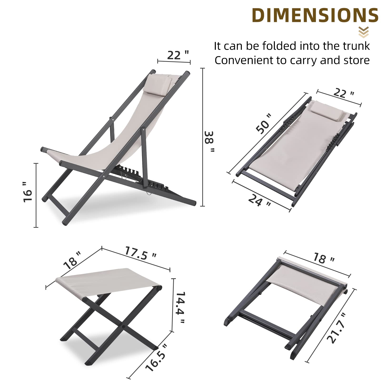 RICNOD Outdoor Sling Chairs Set of 2 Portable Folding Aluminum Reclining Lounge Chairs Adjustable Patio Deck Chairs with Headrest, 2 Folding Stools, Beige