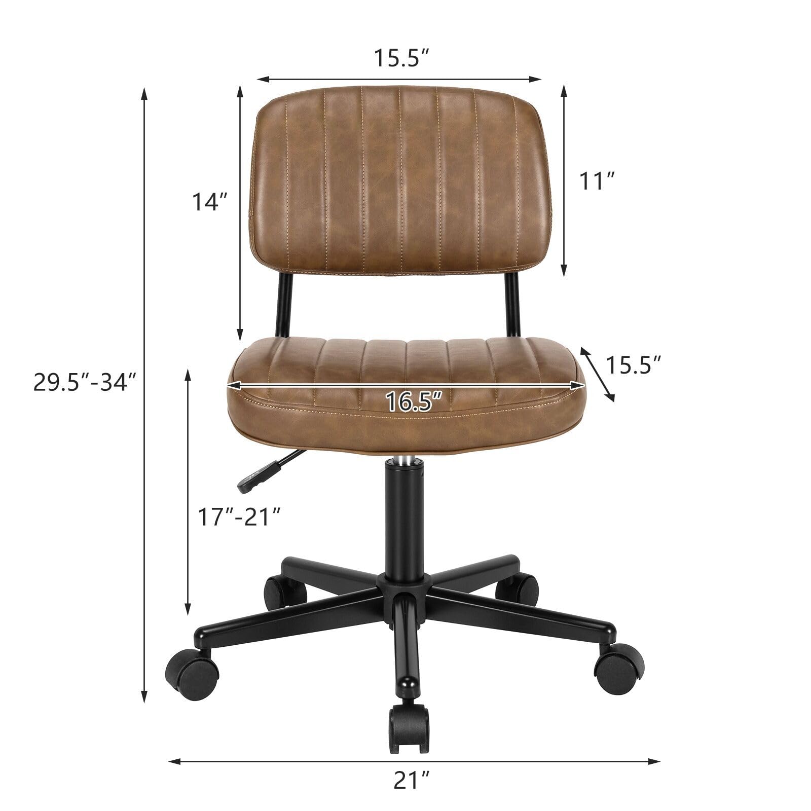 COSTWAY Armless Desk Chair with Wheels, PU Leather Computer Task Chair with Low Back Lumbar Support, Height Adjustable Rolling Home Office Chair for Kids Teens Adults, Brown